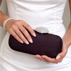 Elegant Black Clutch with Silver Heart Accent and chain